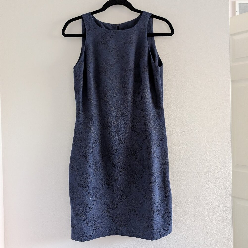 Navy blue floral print sheath dress